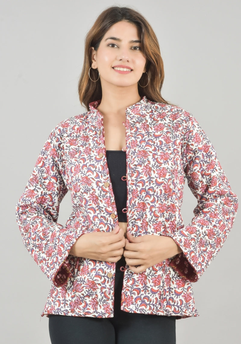 Reversible Full Sleeves Cotton Block Printed Quilted Jacket Red and White-49231