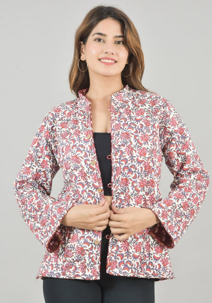 Reversible Full Sleeves Cotton Block Printed Quilted Jacket Red and White-49231