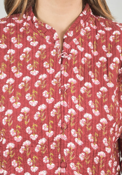 Reversible Full Sleeves Cotton Block Printed Quilted Jacket Red and White-49231