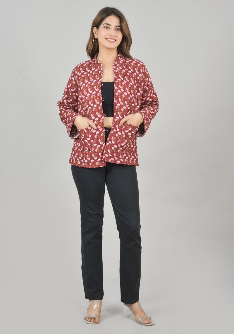 Reversible Full Sleeves Cotton Block Printed Quilted Jacket Red and White-49231