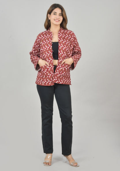 Reversible Full Sleeves Cotton Block Printed Quilted Jacket Red and White-49231