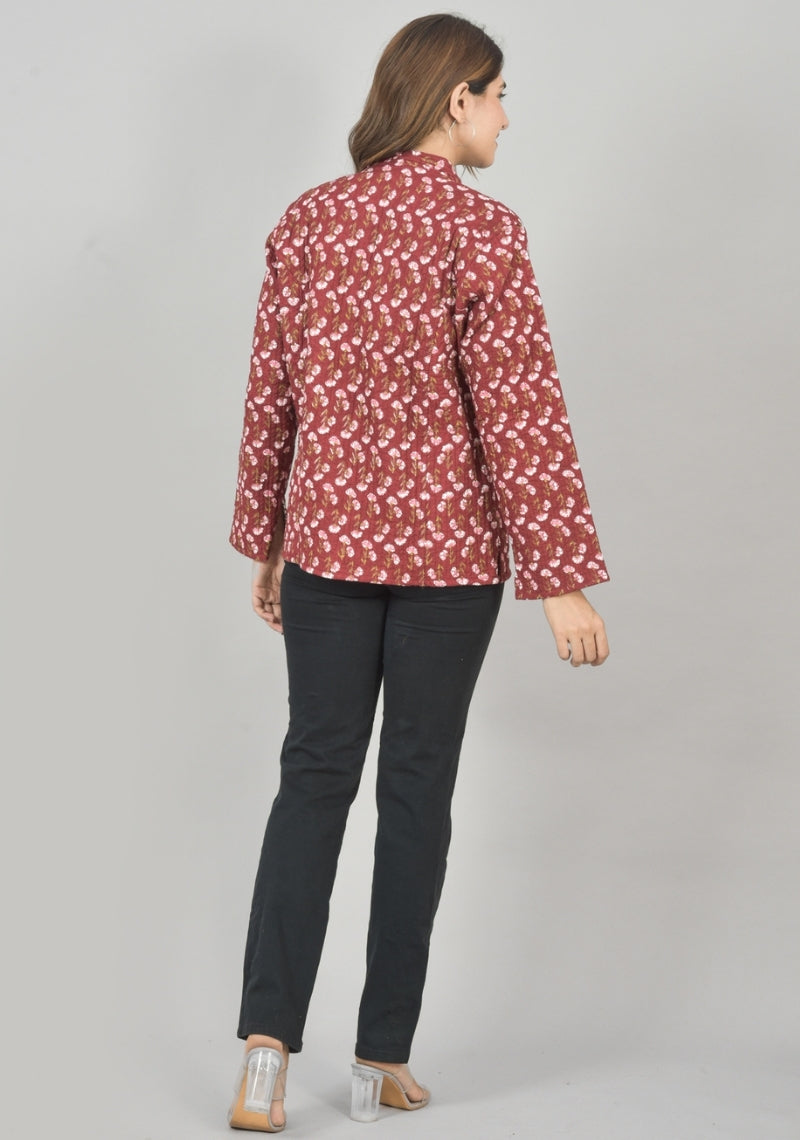Reversible Full Sleeves Cotton Block Printed Quilted Jacket Red and White-49231