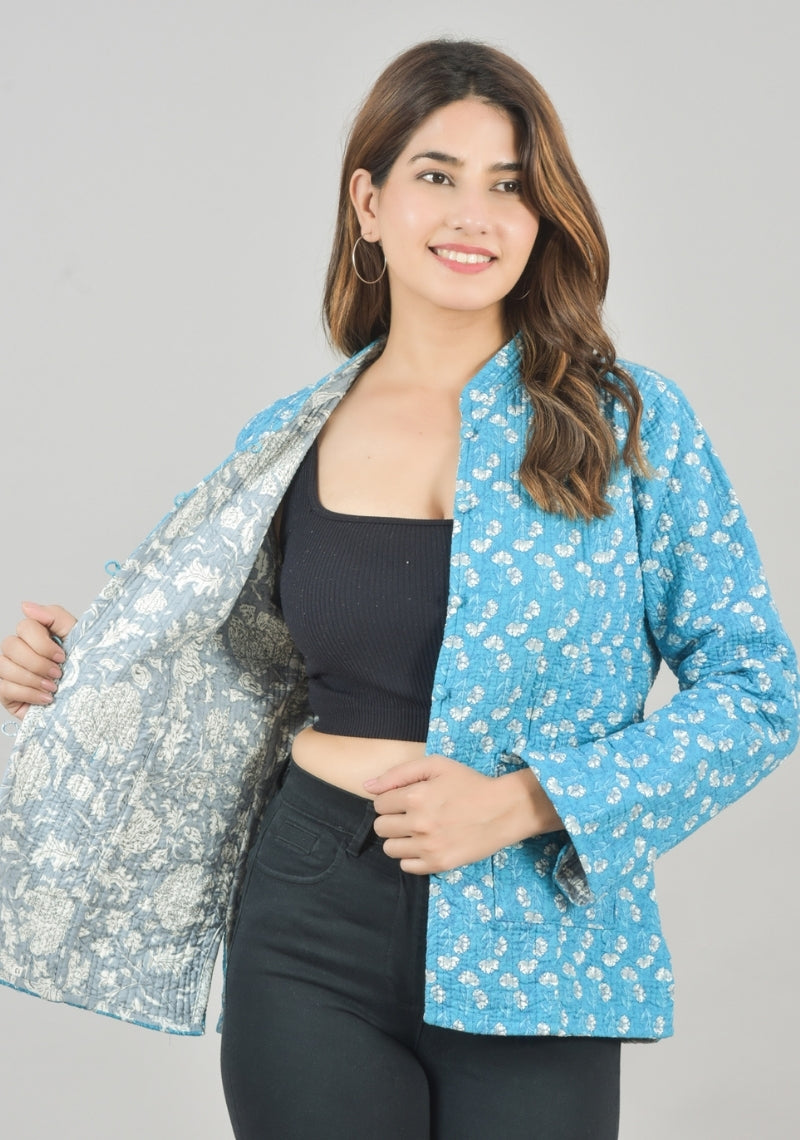 Reversible Full Sleeves Cotton Block Printed Quilted Jacket Sky Blue and Gray-49243