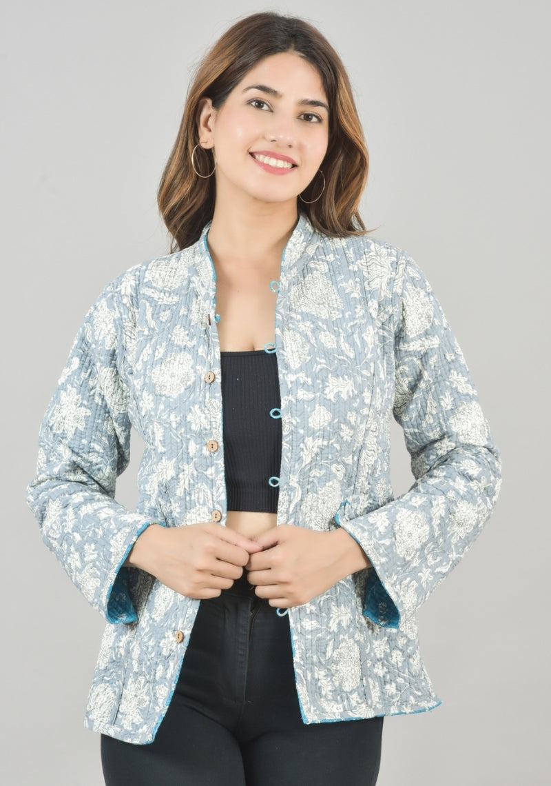 Reversible Full Sleeves Cotton Block Printed Quilted Jacket Sky Blue and Gray-49243