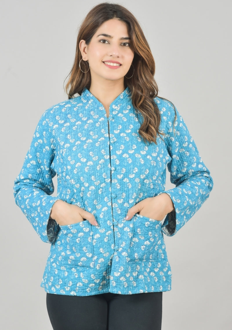 Reversible Full Sleeves Cotton Block Printed Quilted Jacket Sky Blue and Gray-49243