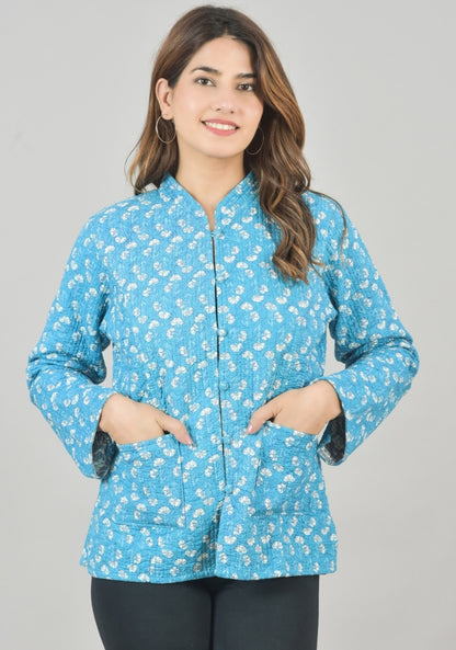 Reversible Full Sleeves Cotton Block Printed Quilted Jacket Sky Blue and Gray-49243