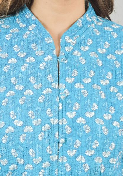 Reversible Full Sleeves Cotton Block Printed Quilted Jacket Sky Blue and Gray-49243