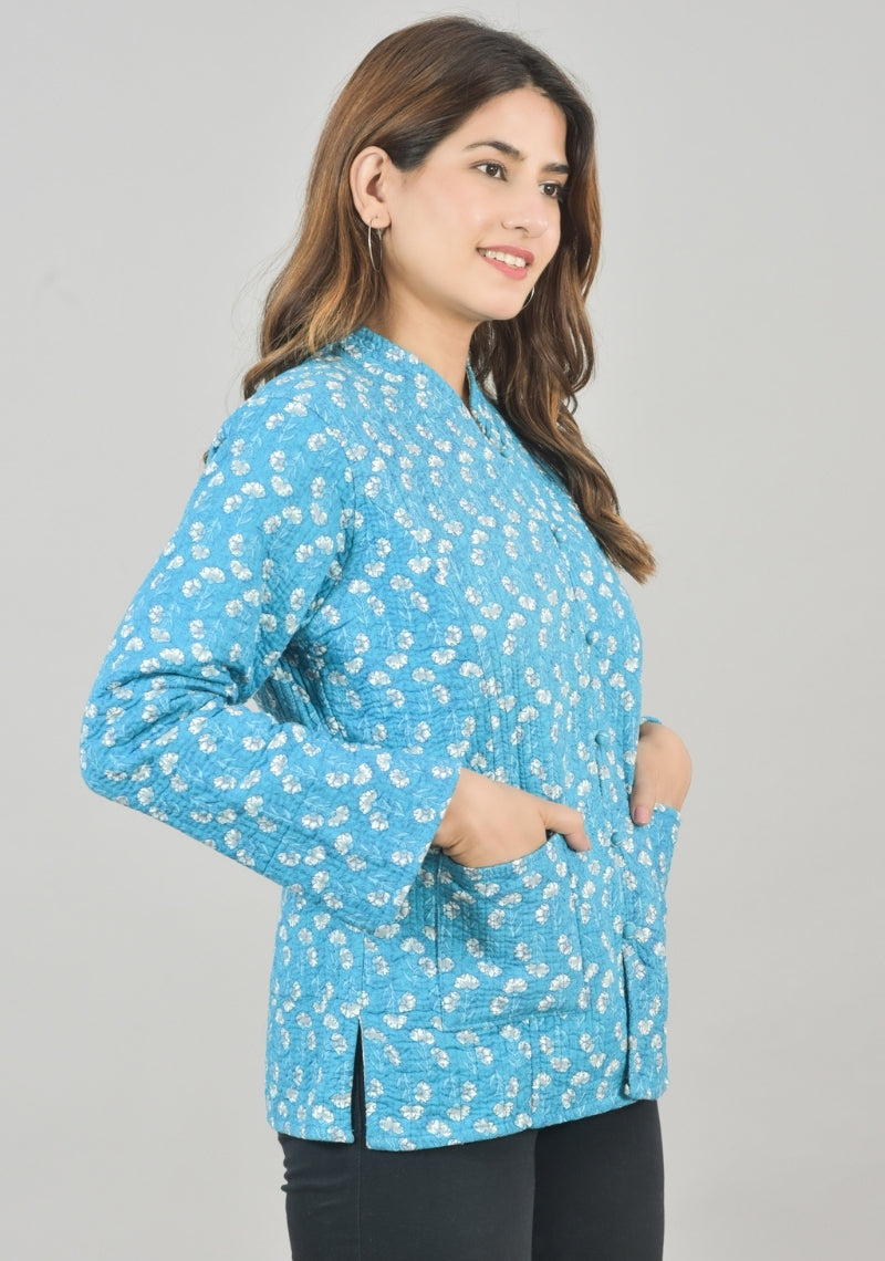 Reversible Full Sleeves Cotton Block Printed Quilted Jacket Sky Blue and Gray-49243