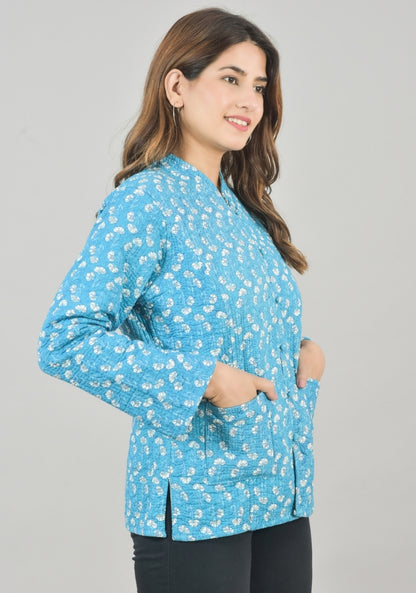 Reversible Full Sleeves Cotton Block Printed Quilted Jacket Sky Blue and Gray-49243
