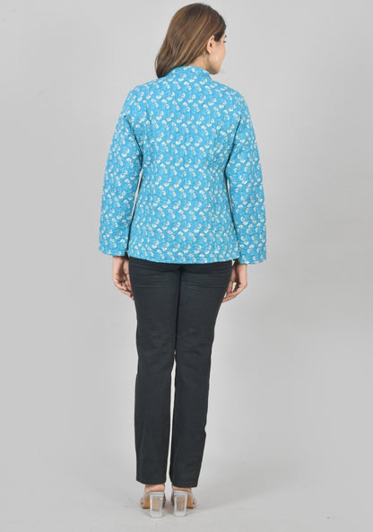 Reversible Full Sleeves Cotton Block Printed Quilted Jacket Sky Blue and Gray-49243