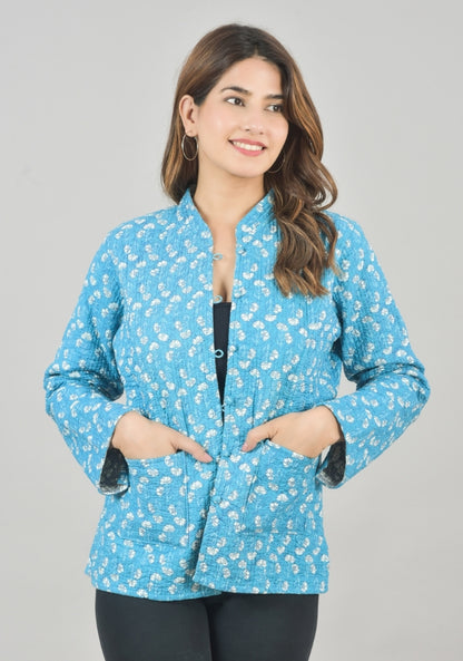 Reversible Full Sleeves Cotton Block Printed Quilted Jacket Sky Blue and Gray-49243