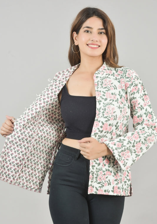 Reversible Full Sleeves Cotton Block Printed Quilted Jacket White and Pink-49238