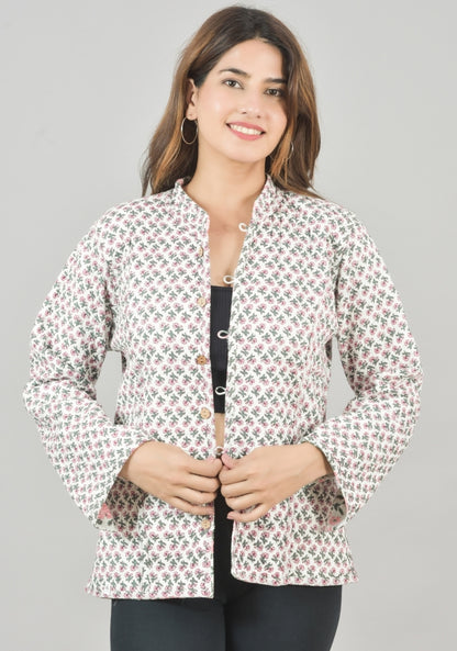 Reversible Full Sleeves Cotton Block Printed Quilted Jacket White and Pink-49238