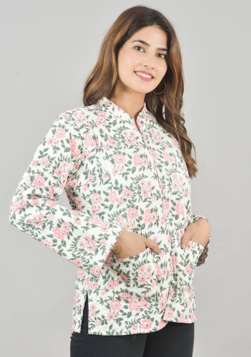 Reversible Full Sleeves Cotton Block Printed Quilted Jacket White and Pink-49238
