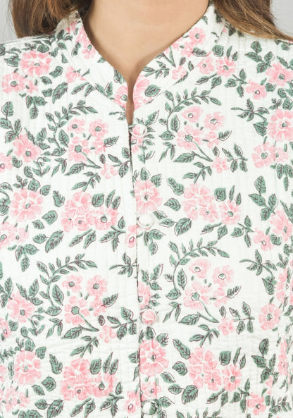 Reversible Full Sleeves Cotton Block Printed Quilted Jacket White and Pink-49238
