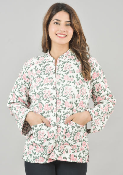 Reversible Full Sleeves Cotton Block Printed Quilted Jacket White and Pink-49238