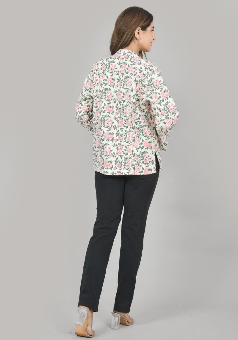 Reversible Full Sleeves Cotton Block Printed Quilted Jacket White and Pink-49238