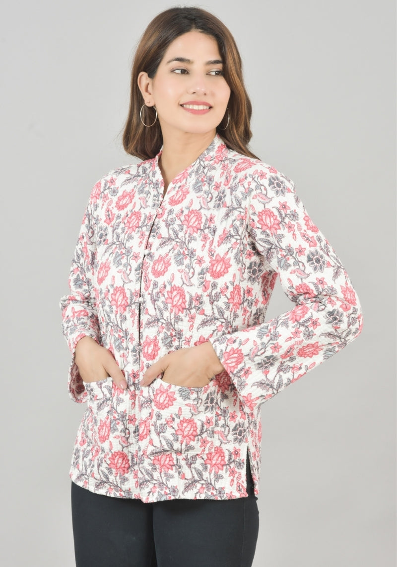 Reversible Full Sleeves Cotton Block Printed Quilted Jacket White and Pink-49245
