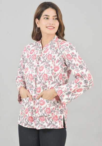 Reversible Full Sleeves Cotton Block Printed Quilted Jacket White and Pink-49245