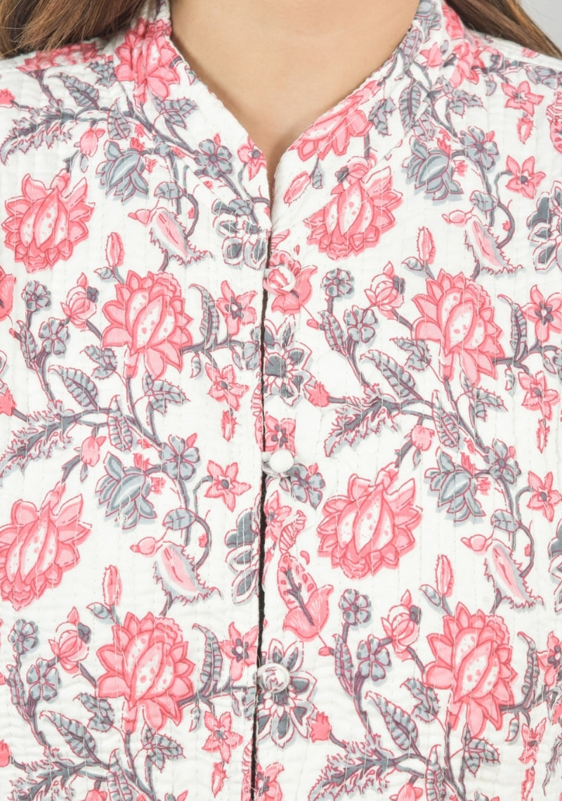 Reversible Full Sleeves Cotton Block Printed Quilted Jacket White and Pink-49245
