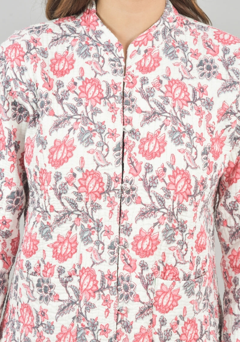 Reversible Full Sleeves Cotton Block Printed Quilted Jacket White and Pink-49245