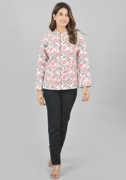 Reversible Full Sleeves Cotton Block Printed Quilted Jacket White and Pink-49245