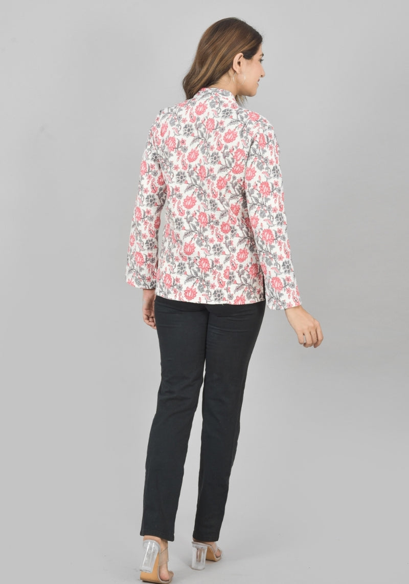 Reversible Full Sleeves Cotton Block Printed Quilted Jacket White and Pink-49245