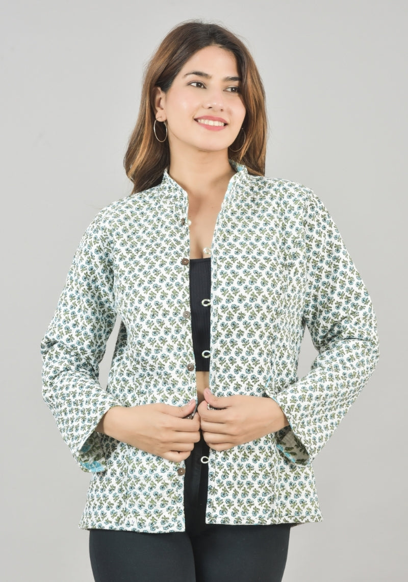 Reversible Full Sleeves Cotton Block Printed Quilted Jacket White and Sky Blue-49236