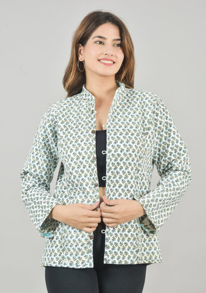 Reversible Full Sleeves Cotton Block Printed Quilted Jacket White and Sky Blue-49236