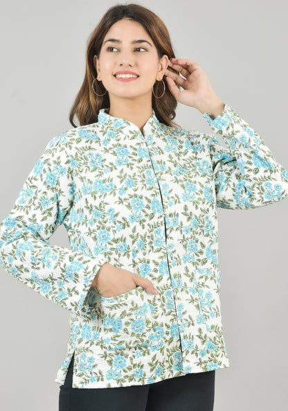 Reversible Full Sleeves Cotton Block Printed Quilted Jacket White and Sky Blue-49236