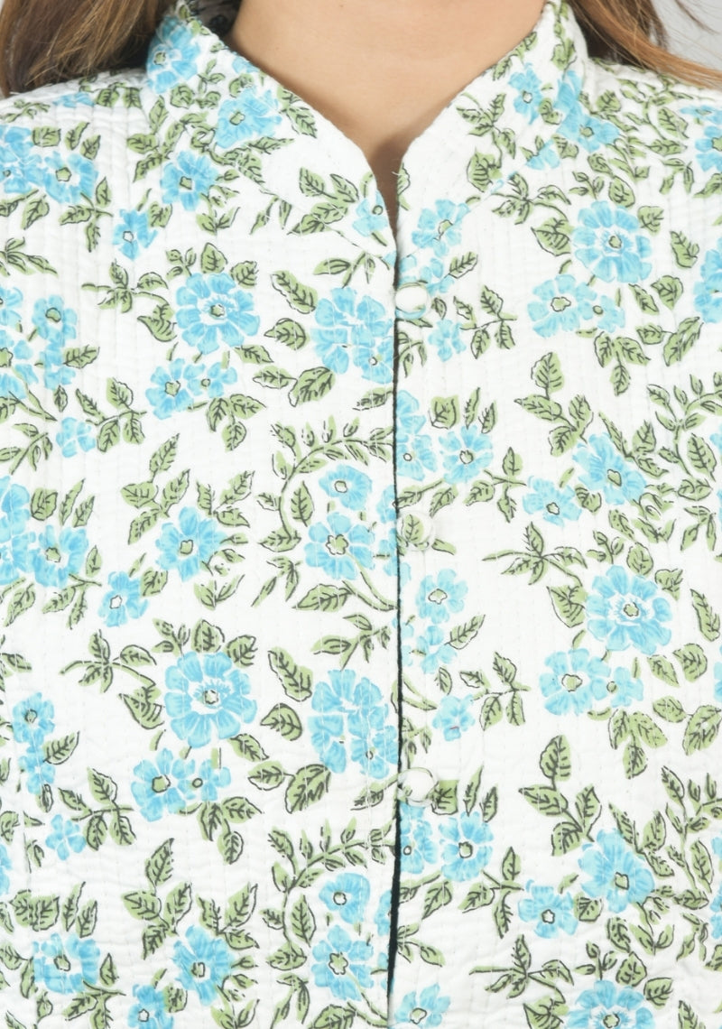 Reversible Full Sleeves Cotton Block Printed Quilted Jacket White and Sky Blue-49236