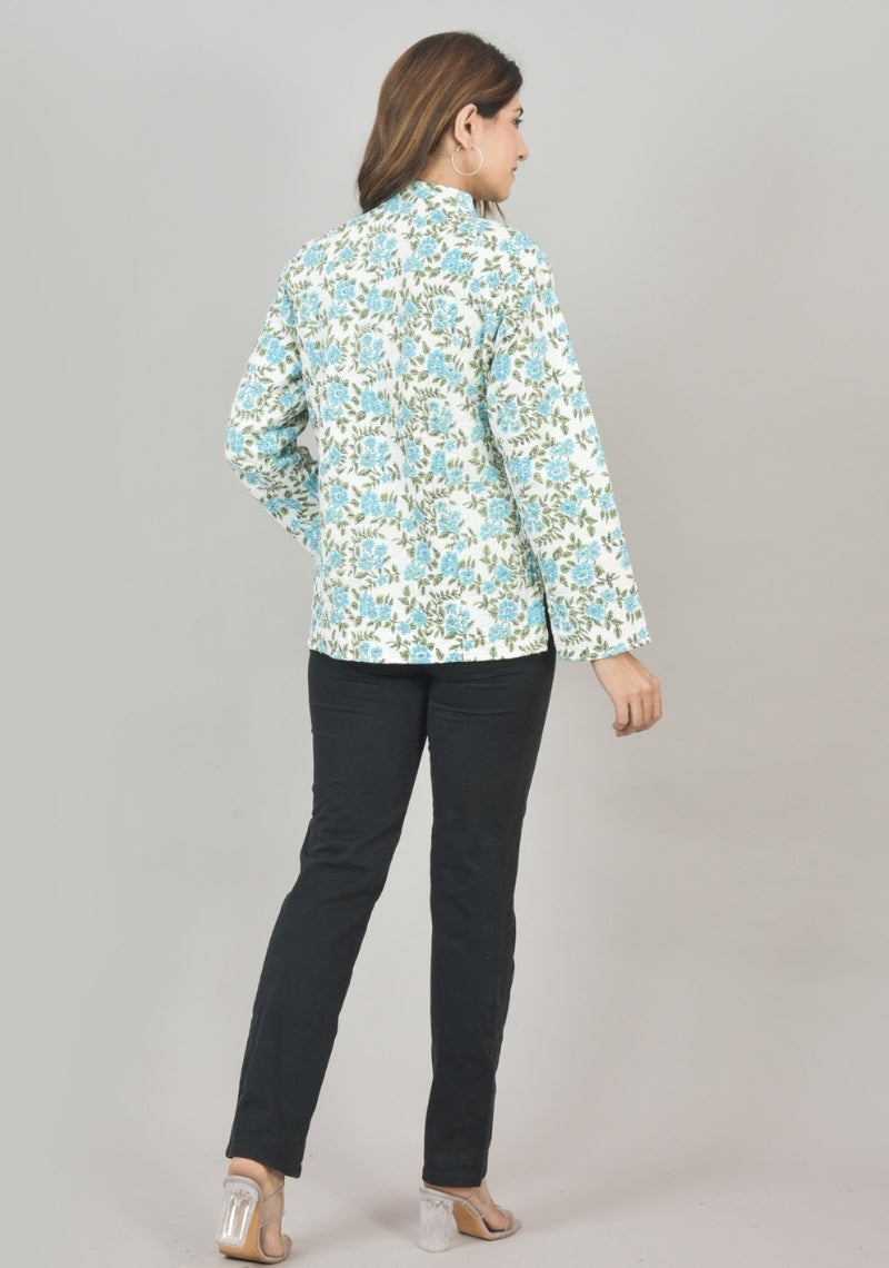 Reversible Full Sleeves Cotton Block Printed Quilted Jacket White and Sky Blue-49236