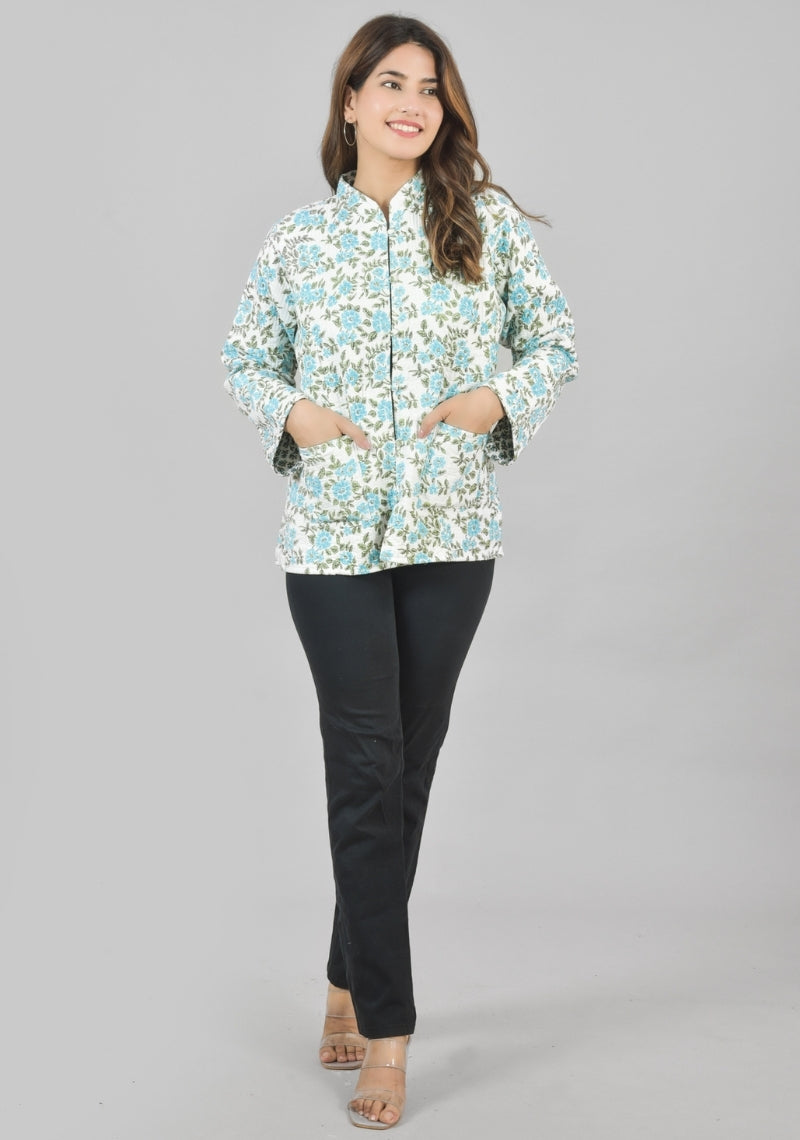 Reversible Full Sleeves Cotton Block Printed Quilted Jacket White and Sky Blue-49236