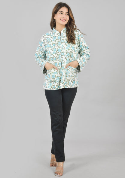 Reversible Full Sleeves Cotton Block Printed Quilted Jacket White and Sky Blue-49236