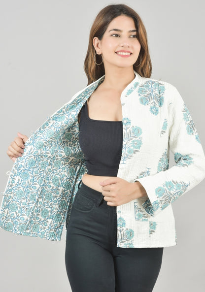 Reversible Full Sleeves Cotton Block Printed Quilted Jacket White and Sky Blue-49242