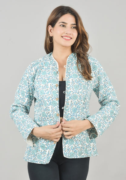 Reversible Full Sleeves Cotton Block Printed Quilted Jacket White and Sky Blue-49242