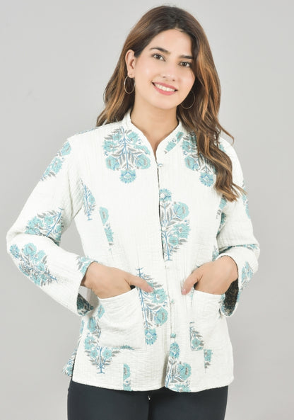 Reversible Full Sleeves Cotton Block Printed Quilted Jacket White and Sky Blue-49242