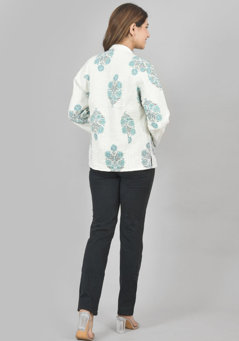 Reversible Full Sleeves Cotton Block Printed Quilted Jacket White and Sky Blue-49242