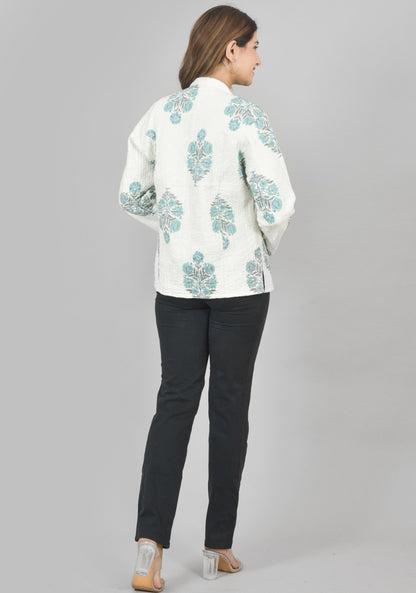 Reversible Full Sleeves Cotton Block Printed Quilted Jacket White and Sky Blue-49242