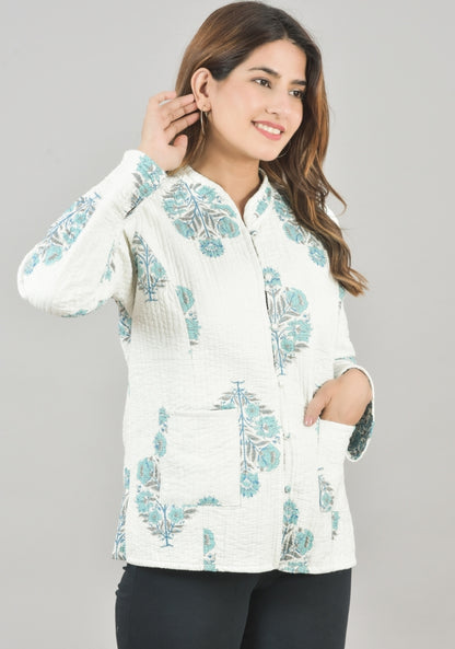 Reversible Full Sleeves Cotton Block Printed Quilted Jacket White and Sky Blue-49242