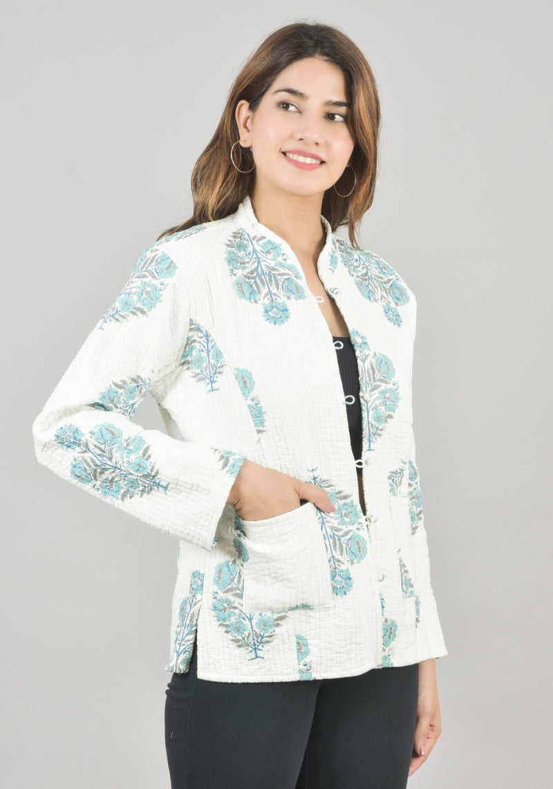 Reversible Full Sleeves Cotton Block Printed Quilted Jacket White and Sky Blue-49242