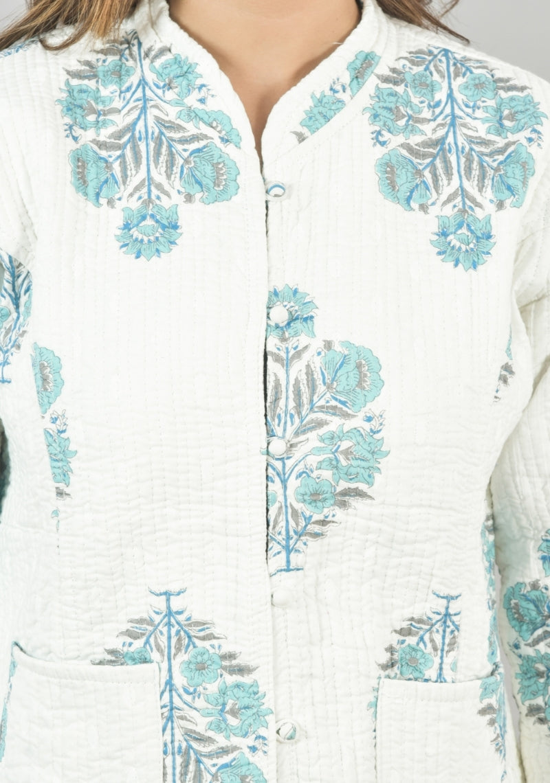 Reversible Full Sleeves Cotton Block Printed Quilted Jacket White and Sky Blue-49242
