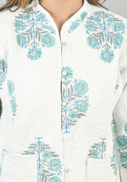 Reversible Full Sleeves Cotton Block Printed Quilted Jacket White and Sky Blue-49242