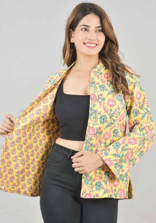 Reversible Full Sleeves Cotton Block Printed Quilted Jacket Yellow and Pink-49237