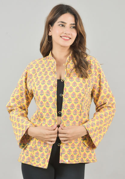 Reversible Full Sleeves Cotton Block Printed Quilted Jacket Yellow and Pink-49237