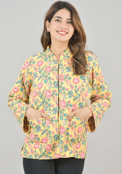 Reversible Full Sleeves Cotton Block Printed Quilted Jacket Yellow and Pink-49237