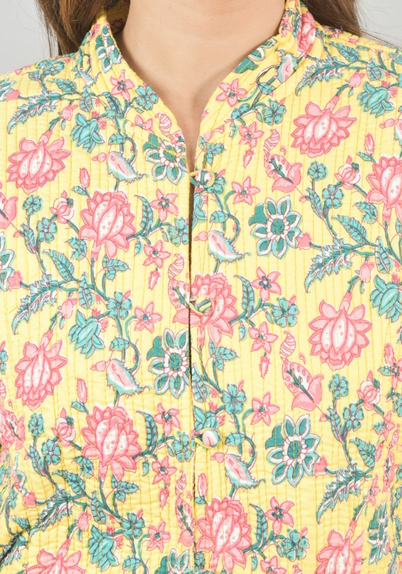 Reversible Full Sleeves Cotton Block Printed Quilted Jacket Yellow and Pink-49237
