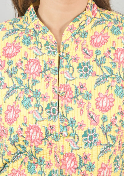 Reversible Full Sleeves Cotton Block Printed Quilted Jacket Yellow and Pink-49237
