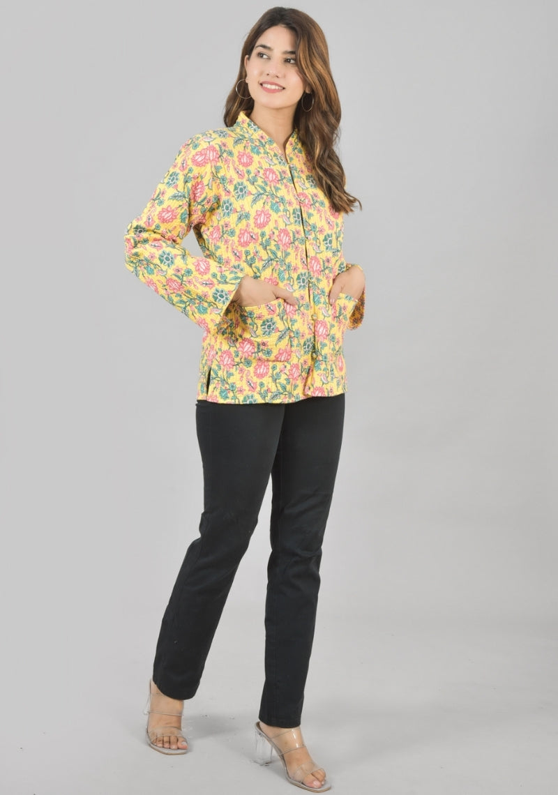 Reversible Full Sleeves Cotton Block Printed Quilted Jacket Yellow and Pink-49237