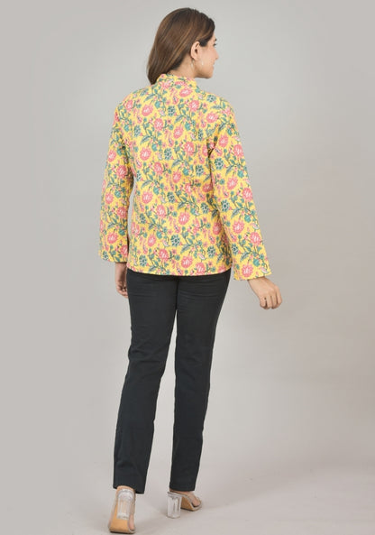 Reversible Full Sleeves Cotton Block Printed Quilted Jacket Yellow and Pink-49237